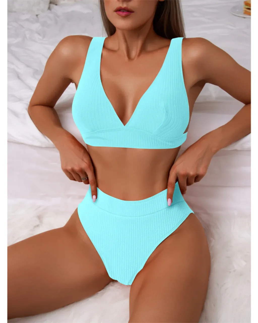 Bikini De Cintura Alta Sin Espalda Con Rayas - turquesa
