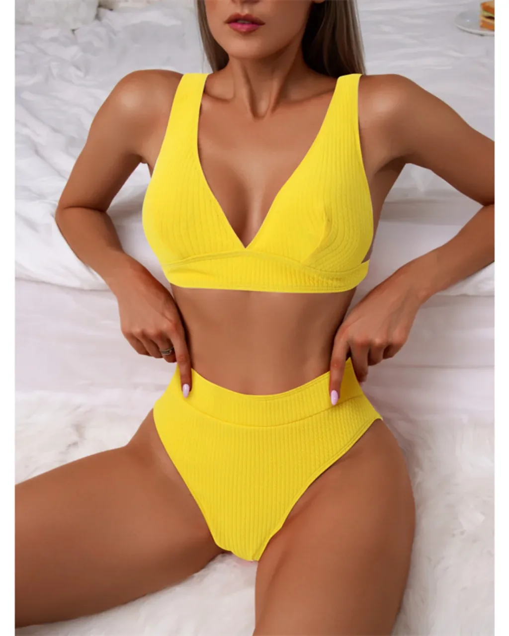 Bikini De Cintura Alta Sin Espalda Con Rayas - amarillo