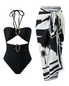 Hollow Halter Print Beach Skirt Set - Black