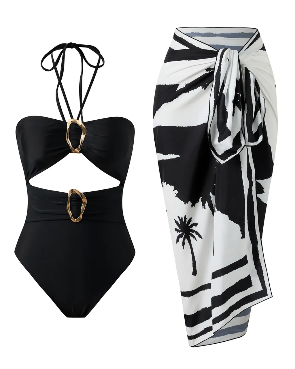 Conjunto Playero Halter Con Diseño Hueco - negro