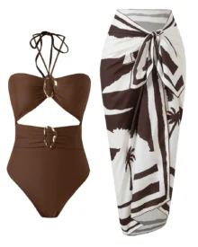 Hollow Halter Print Beach Skirt Set - Coffee