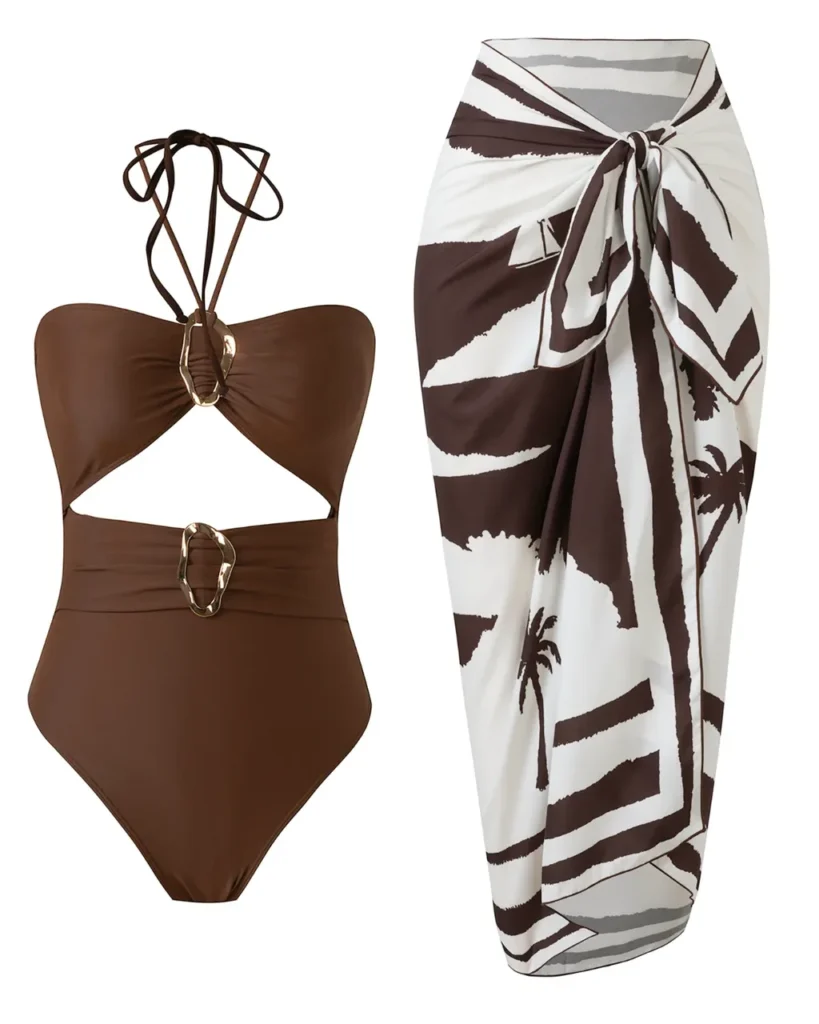 Hollow Halter Print Beach Skirt Set - Coffee