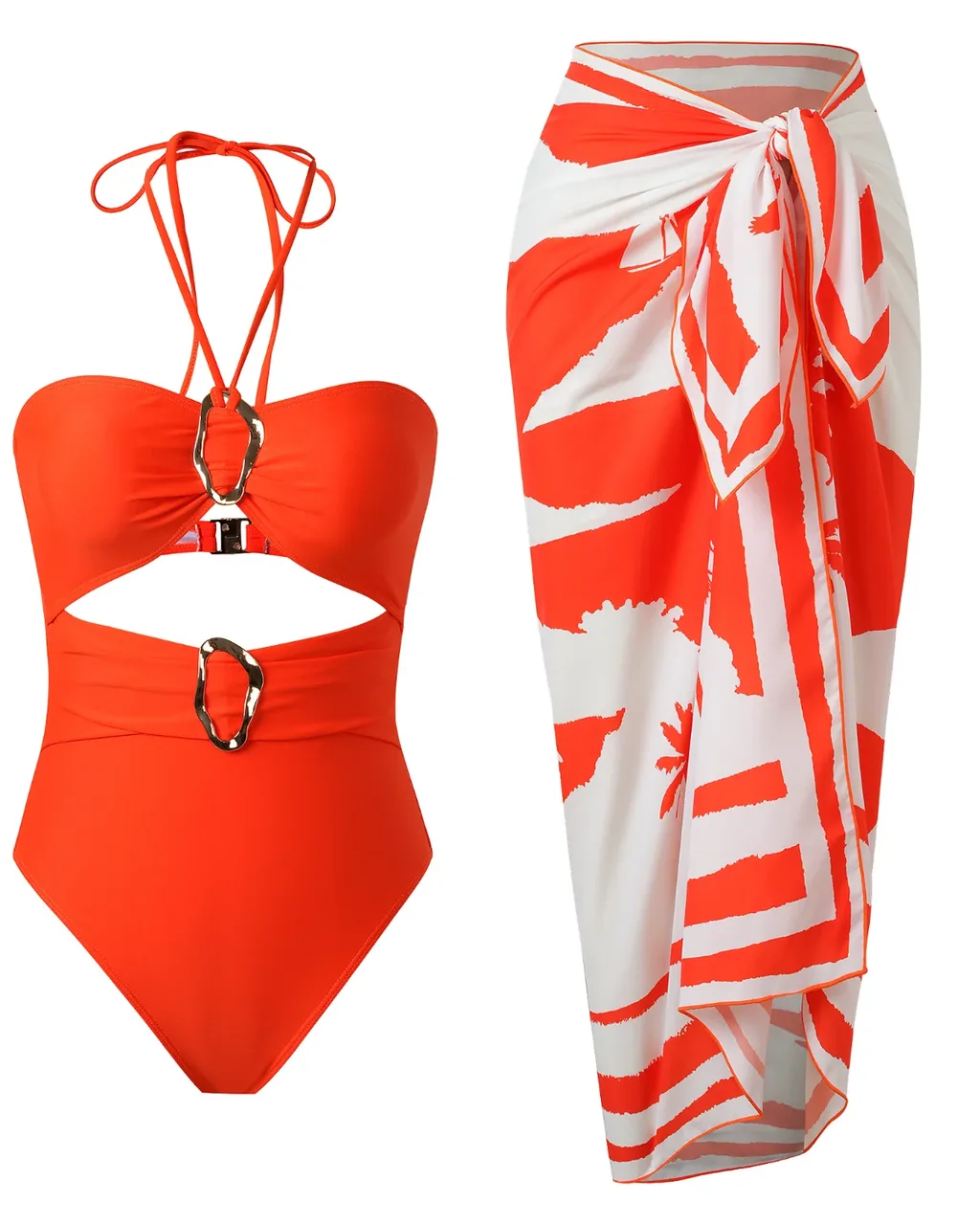 Conjunto Playero Halter Con Diseño Hueco - rojo