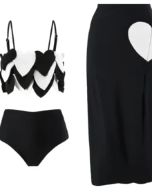 French Retro One Shoulder Mesh Bikini Three Piece Set - Black