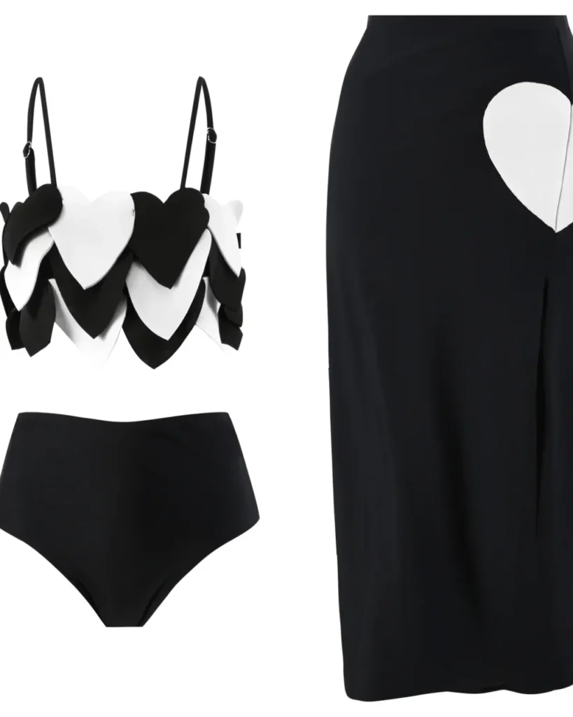 French Retro One Shoulder Mesh Bikini Three Piece Set - Black