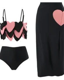 French Retro One Shoulder Mesh Bikini Three Piece Set - Black Pink