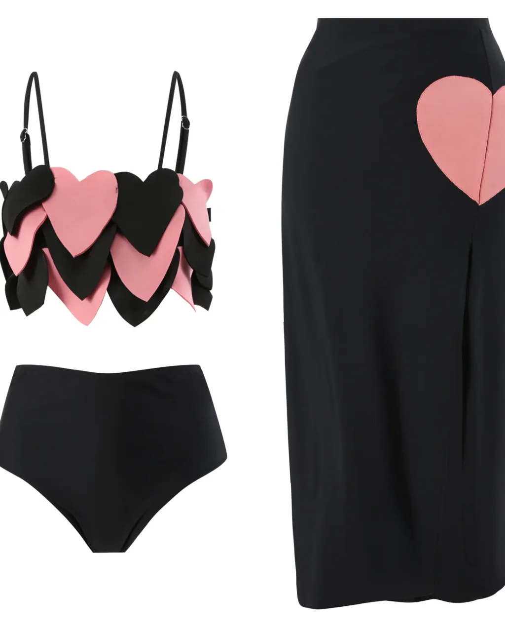 Bikini Retro Francés De Tres Piezas Con Hombro Descubierto Y Malla - negro rosa