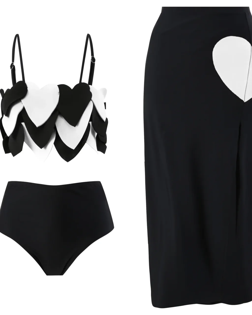 Bikini Retro Francés De Tres Piezas Con Hombro Descubierto Y Malla - negro
