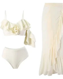 French Retro One Shoulder Mesh Bikini Three Piece Set - Cream