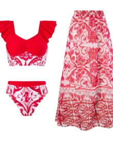 French Retro One Shoulder Mesh Bikini Three Piece Set - Red White