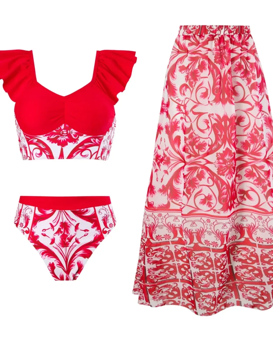 French Retro One Shoulder Mesh Bikini Three Piece Set - Red White