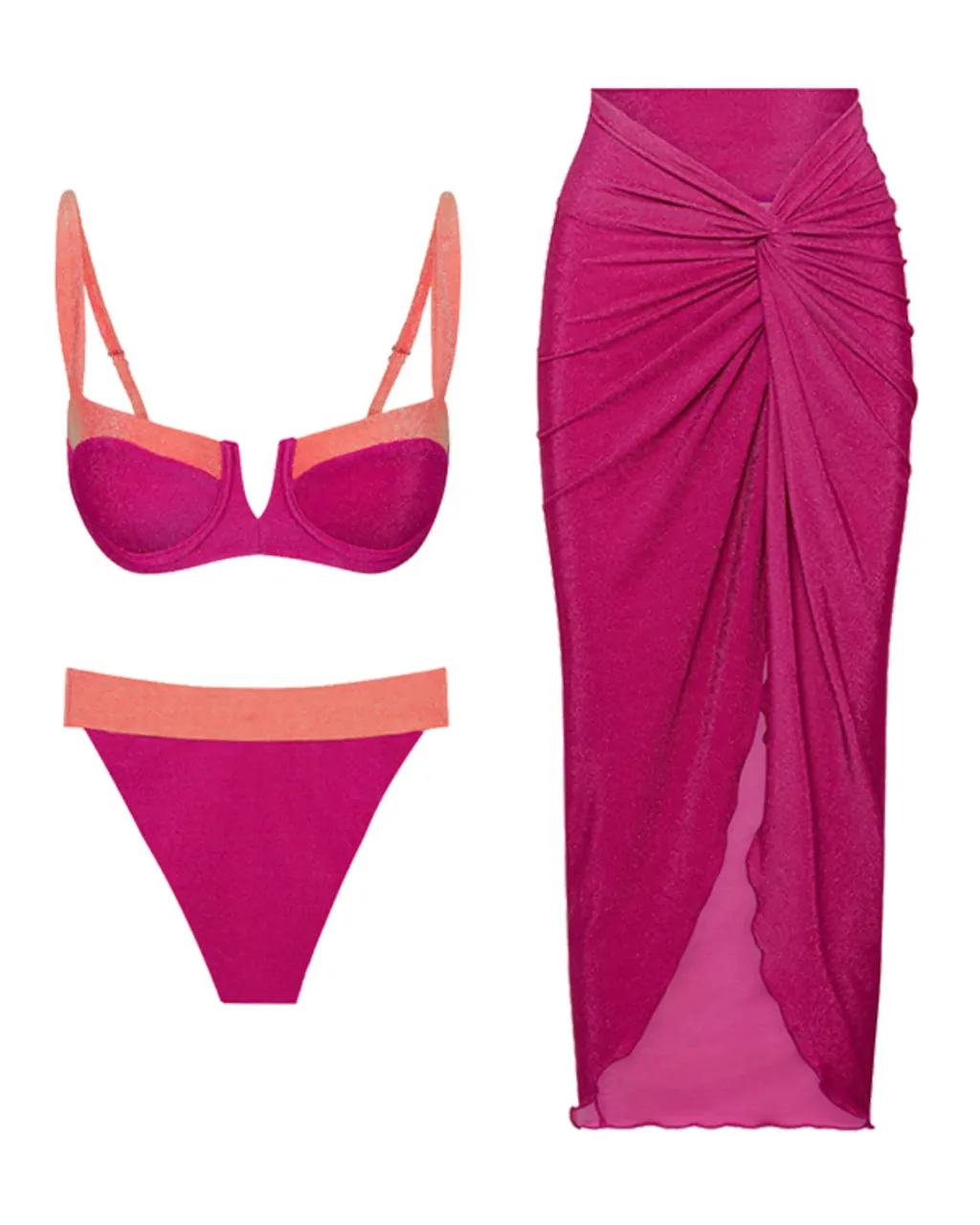 Bikini Retro Francés De Tres Piezas Con Hombro Descubierto Y Malla - rosa
