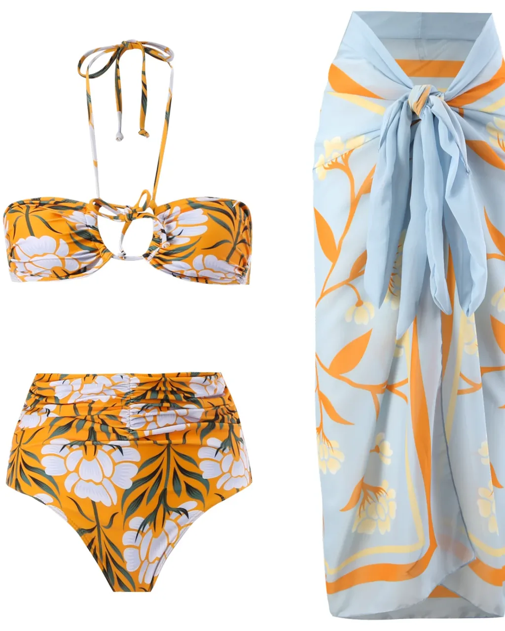 Bikini Retro Francés De Tres Piezas Con Hombro Descubierto Y Malla - amarillo naranja
