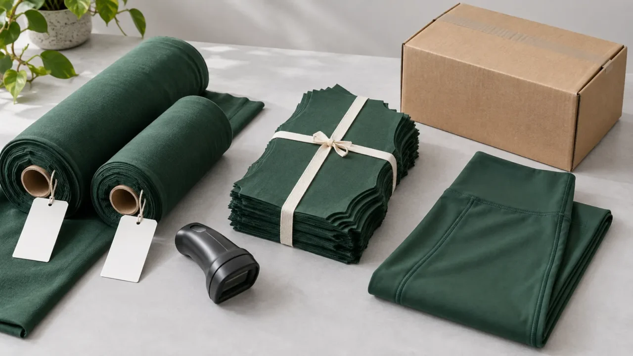Editorial illustration of fabric rolls, cut panels, finished leggings and packing records