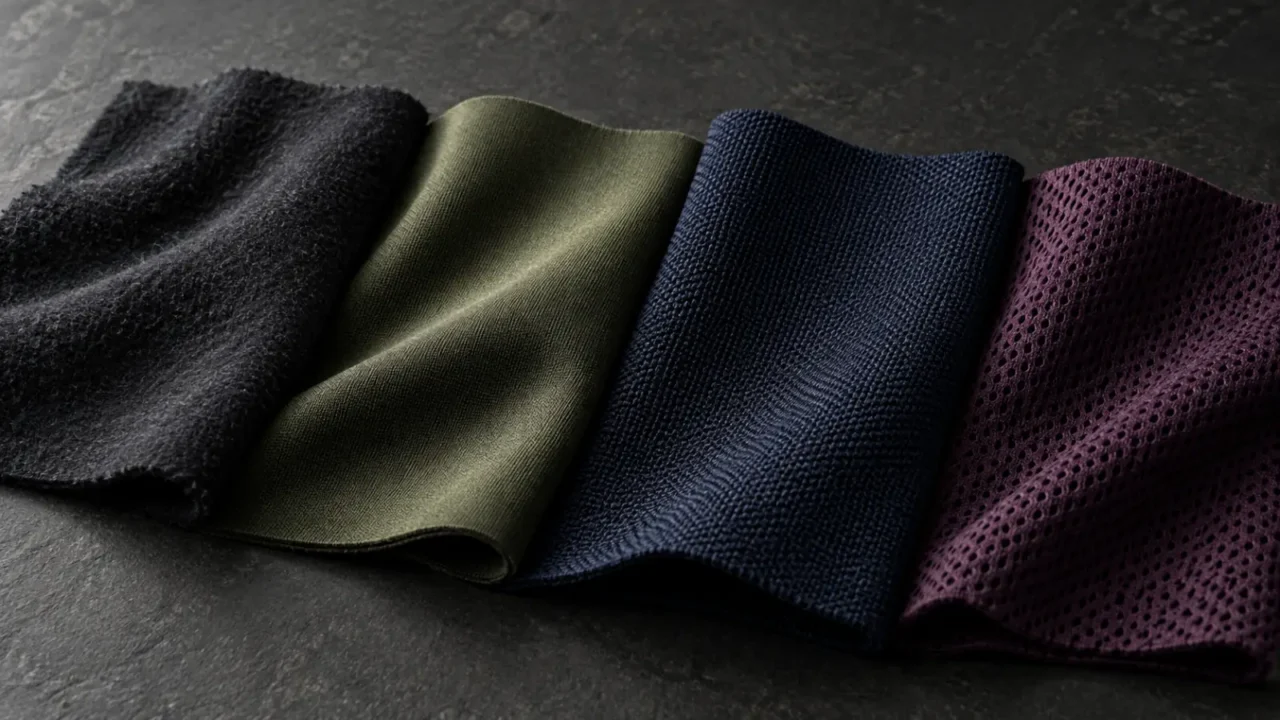Four activewear knit swatches with different surface textures