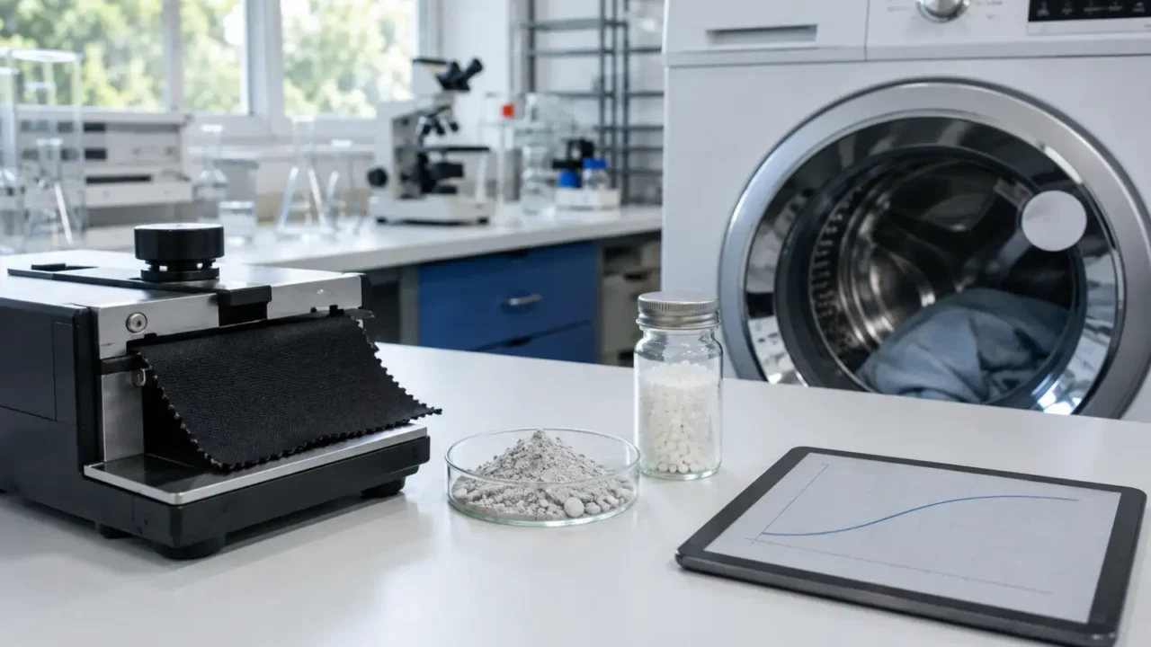 A black activewear swatch in a spectrometer holder beside a laboratory washing machine and a dish of ceramic mineral powder.