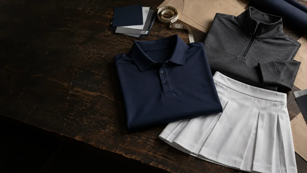 Navy golf polo, white skort and charcoal quarter-zip on a cutting table with fabric swatches.