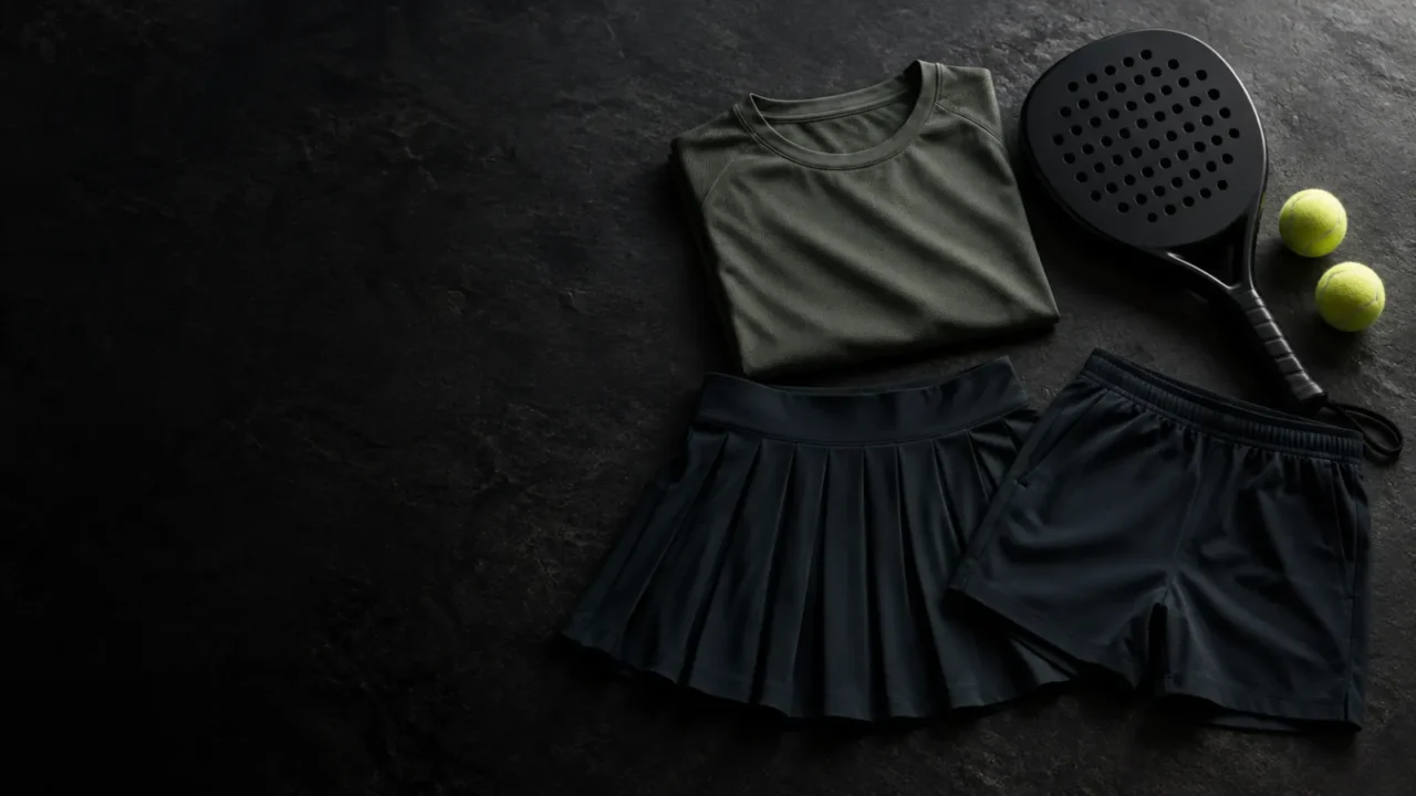 Folded padel shirt, pleated skirt and shorts beside a matte black padel racket and two balls.