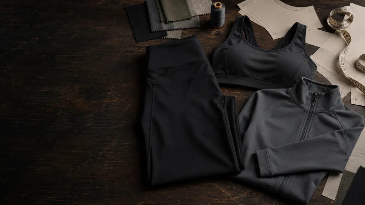 Black leggings, charcoal sports bra and grey training jacket beside sewing patterns and fabric swatches.