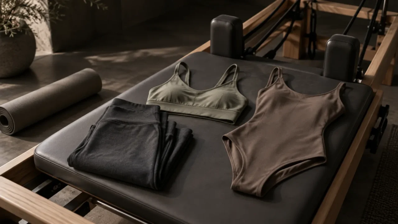 Charcoal leggings, sage sports bra and mocha bodysuit on a wooden Pilates reformer.