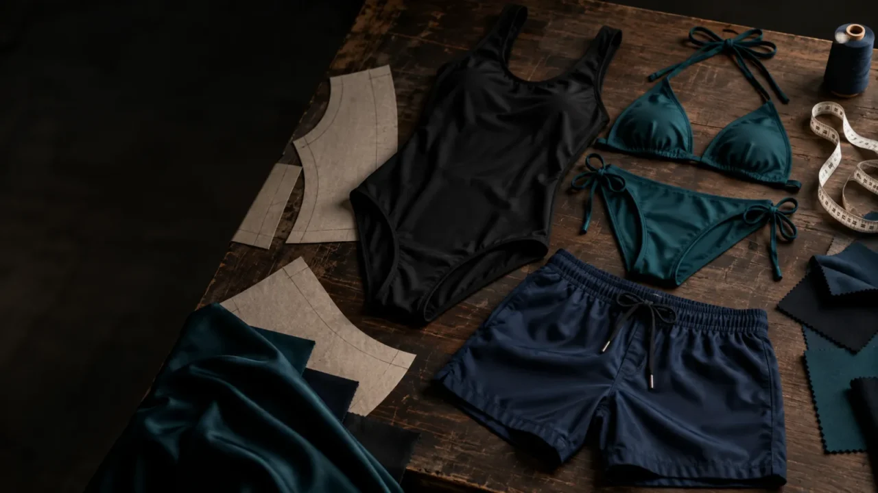 Black one-piece swimsuit, teal bikini and navy swim shorts on a cutting table with fabric swatches.