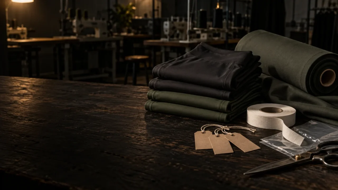 Folded activewear beside fabric, blank labels and packaging materials