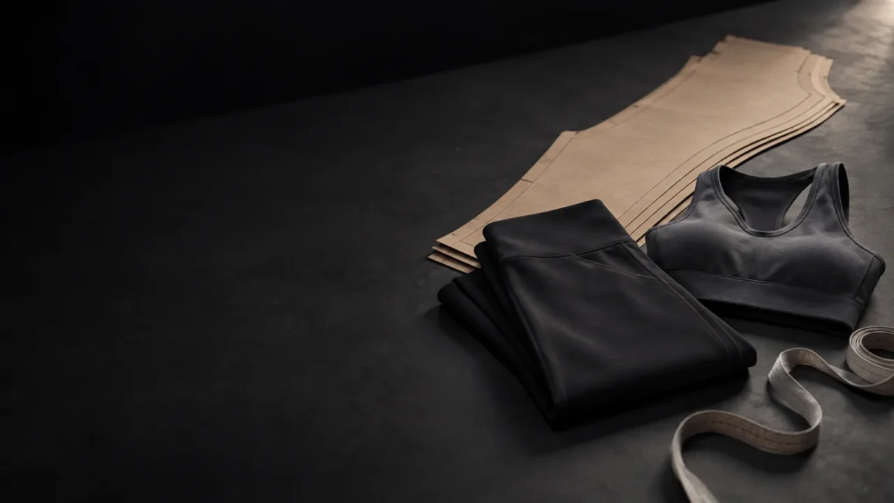 Nested leggings pattern pieces beside folded activewear