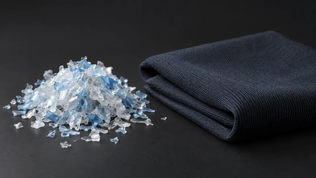 PET-style flakes beside a folded dark knit swatch