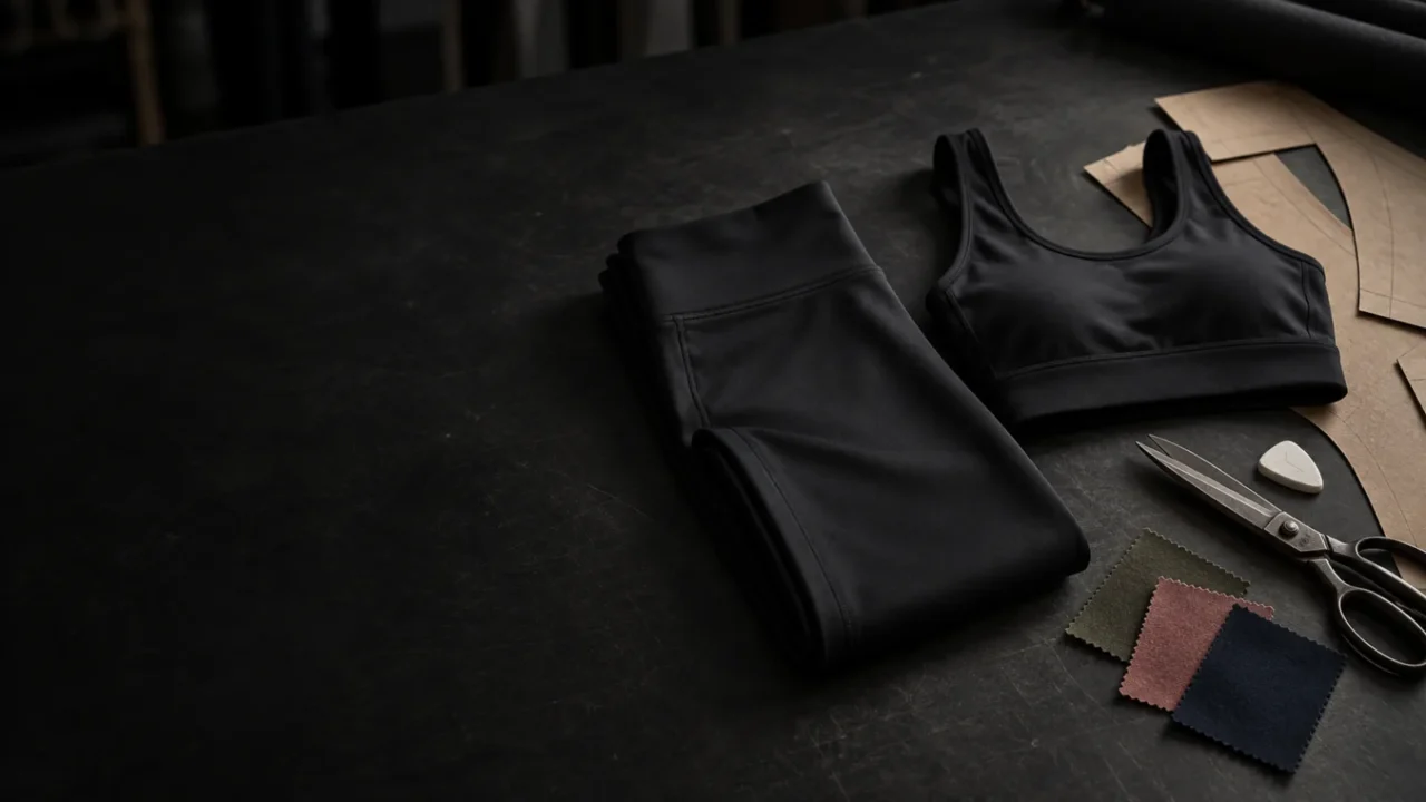 Folded activewear beside patterns, shears and fabric swatches