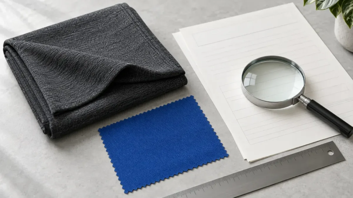 Editorial illustration of fabric swatches beside a report and magnifier