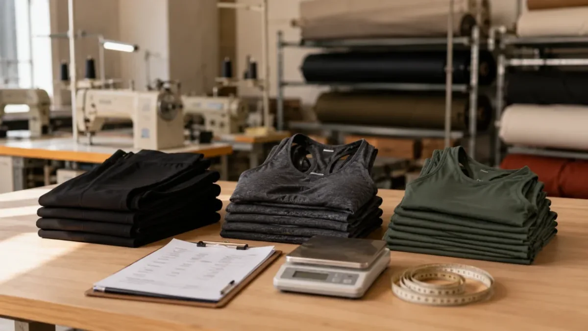 Activewear factory inspection table with folded leggings sports bras and crop tops next to weighing scale and clipboard