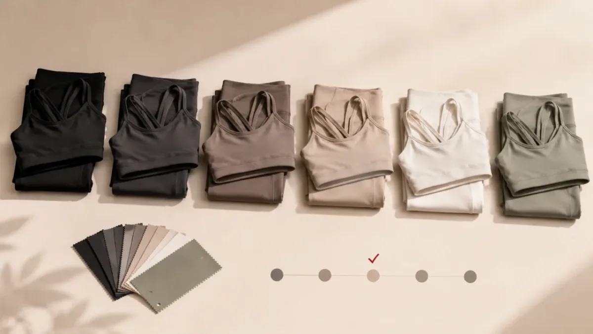 Private-label activewear manufacturer comparison cover with sports bra sets and neutral colorways