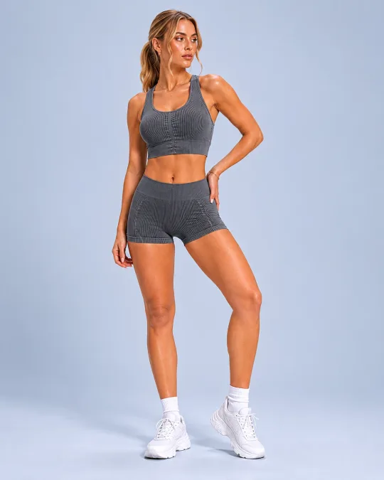 Washed Ribbed Seamless Bra & Shorts Set in Charcoal acid-wash - YOUMEGA private label activewear