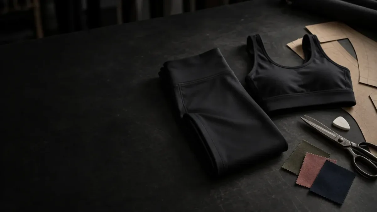 Folded activewear beside patterns, shears and fabric swatches